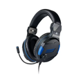 Black and blue over-ear wired gaming headset with boom mic
