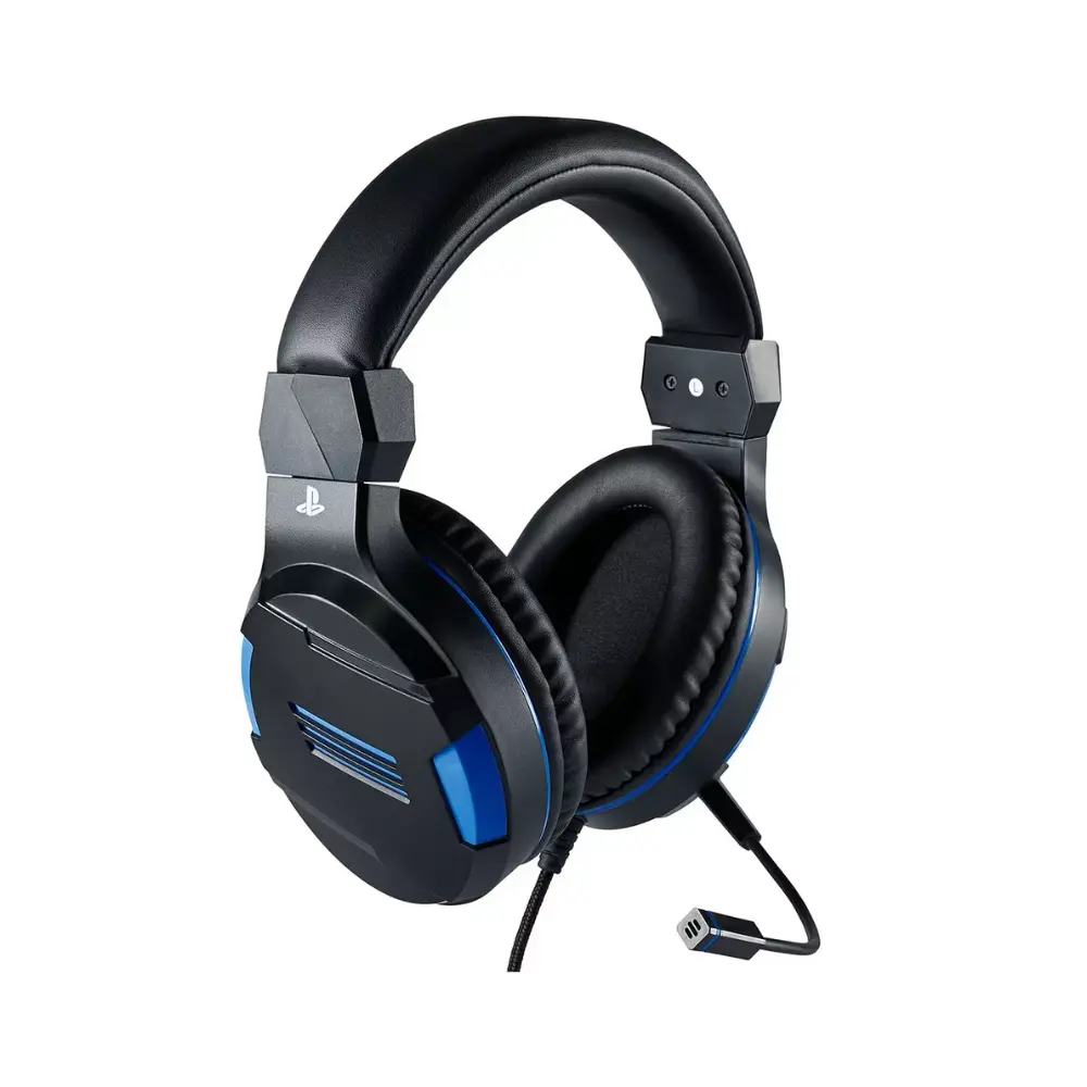 Black and blue over-ear wired gaming headset with padded headband and ear cushions