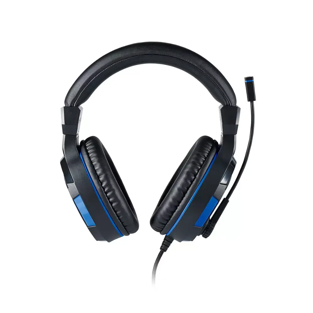 Black and blue over-ear wired gaming headset with padded ear cups and headband