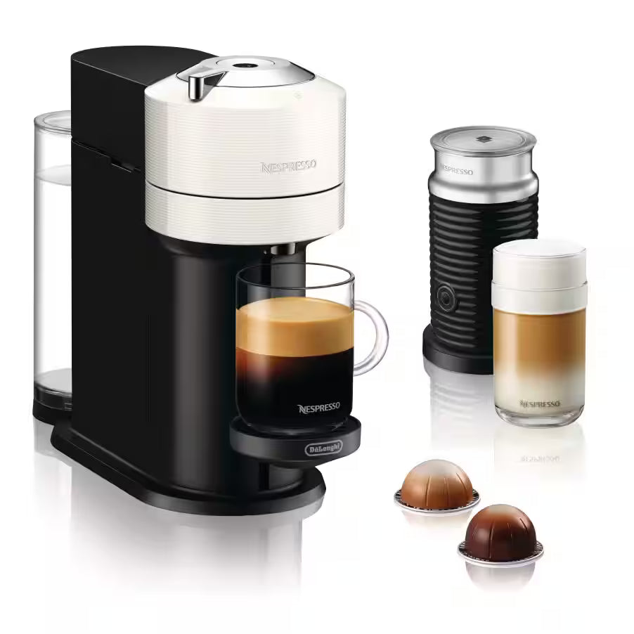 Nespresso Vertuo Next coffee machine with Aeroccino and capsules, white and black