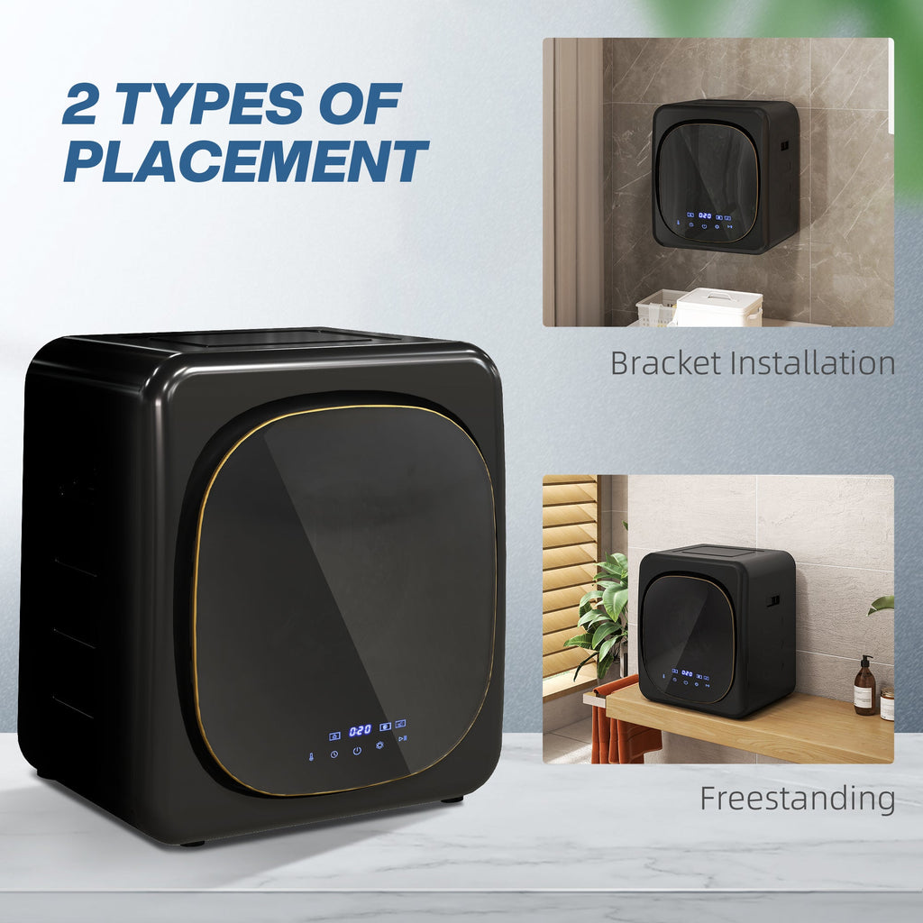 Black compact tumble dryer with round door, side panel controls, and yellow trim