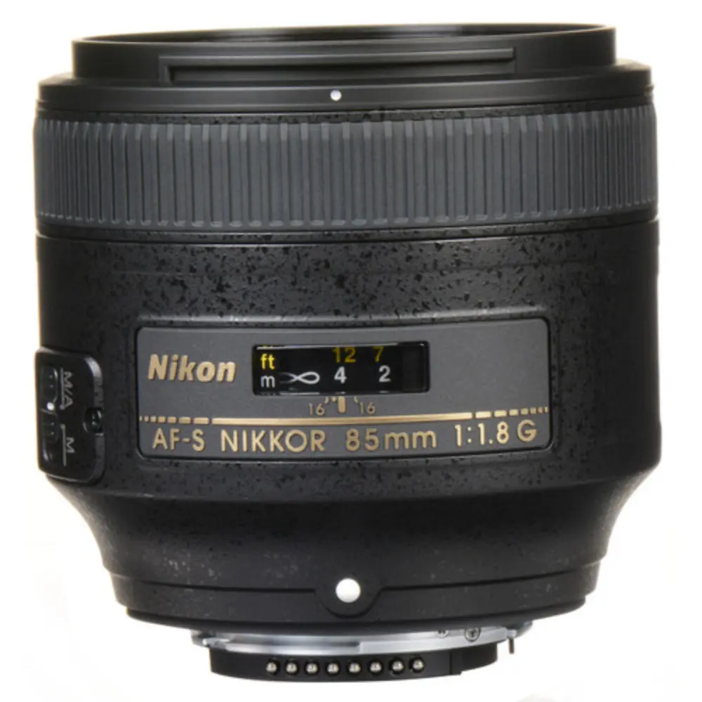 Black AF-S NIKKOR 85mm f/1.8G lens with ft/m distance window and labeled panel