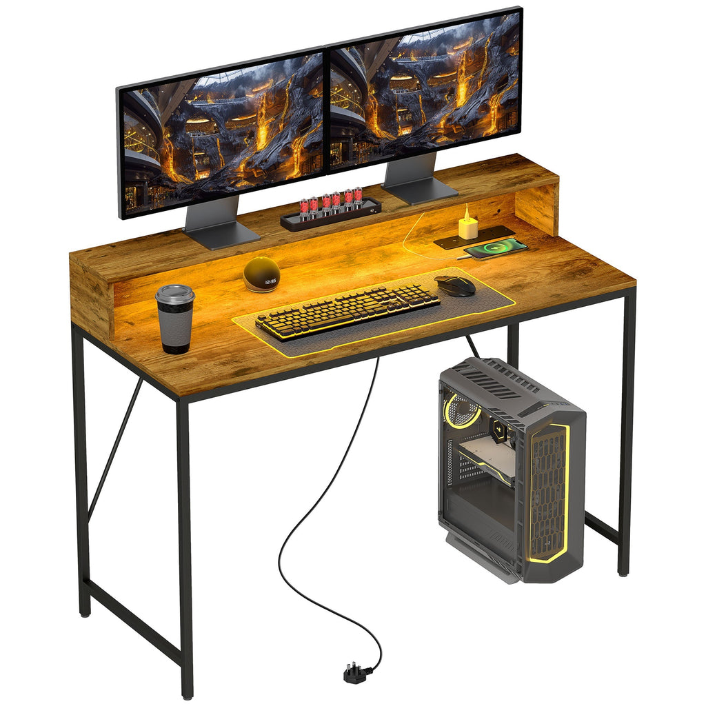 Rustic brown computer desk with LED strip, dual monitor stand, keyboard and mouse