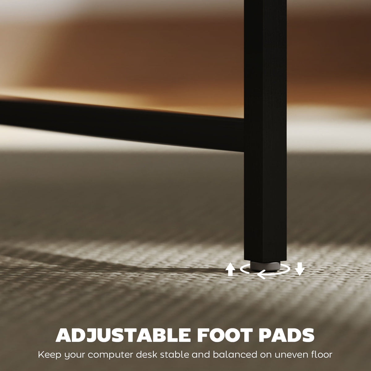 Adjustable foot pads under a black metal computer desk frame for uneven floors