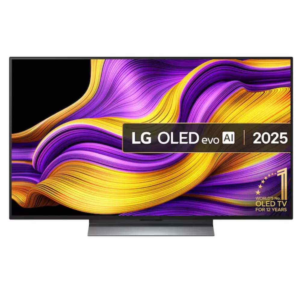 48-inch OLED 4K smart TV front, purple and gold wave screen with LG OLED badge