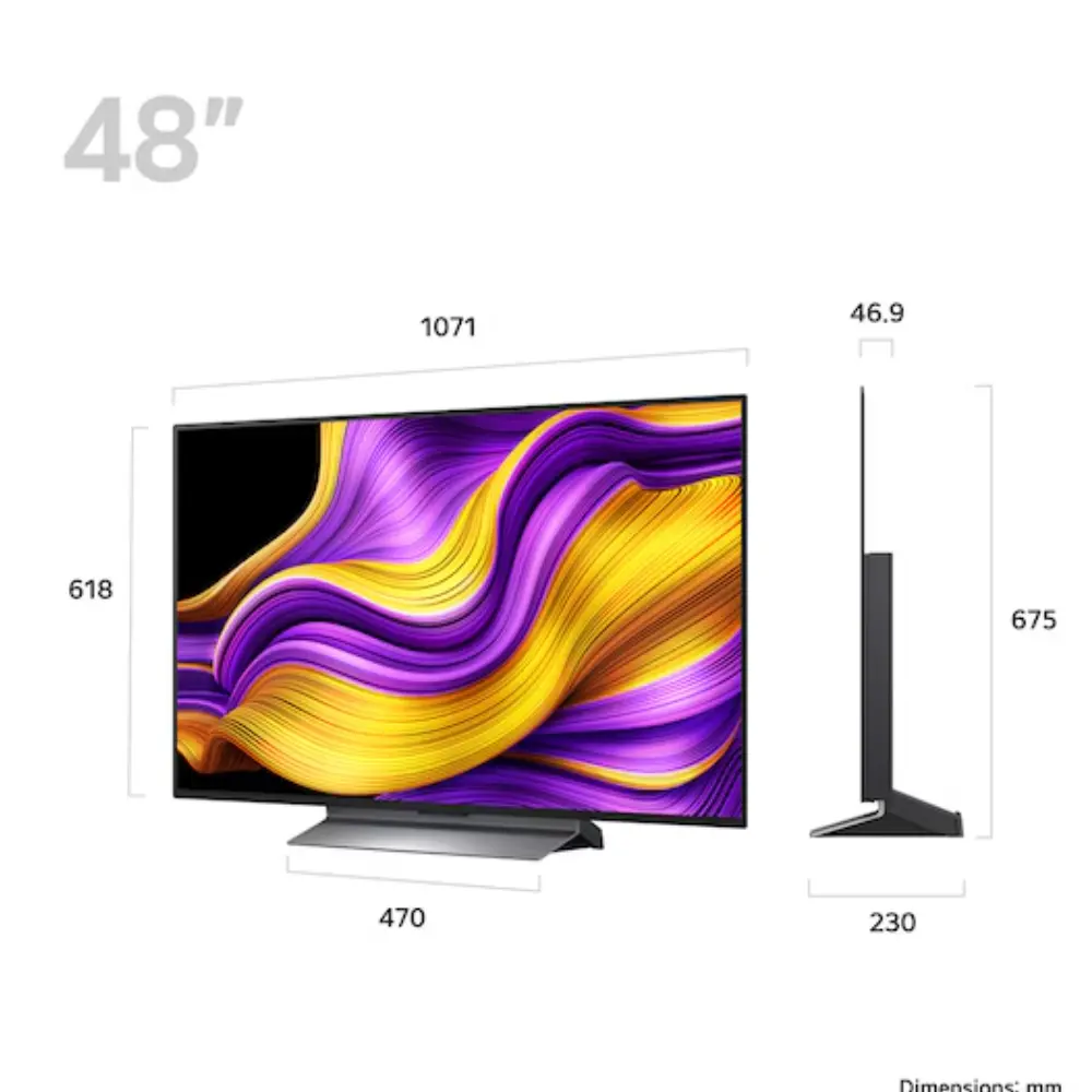 48-inch OLED 4K smart TV with stand, diagram view with size measurements