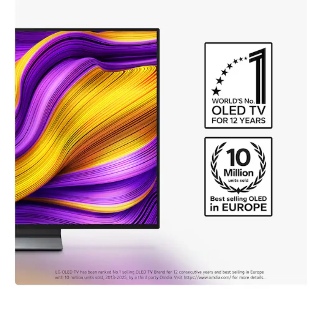 OLED 4K smart TV front, colorful waveform screen with world’s best badge icons