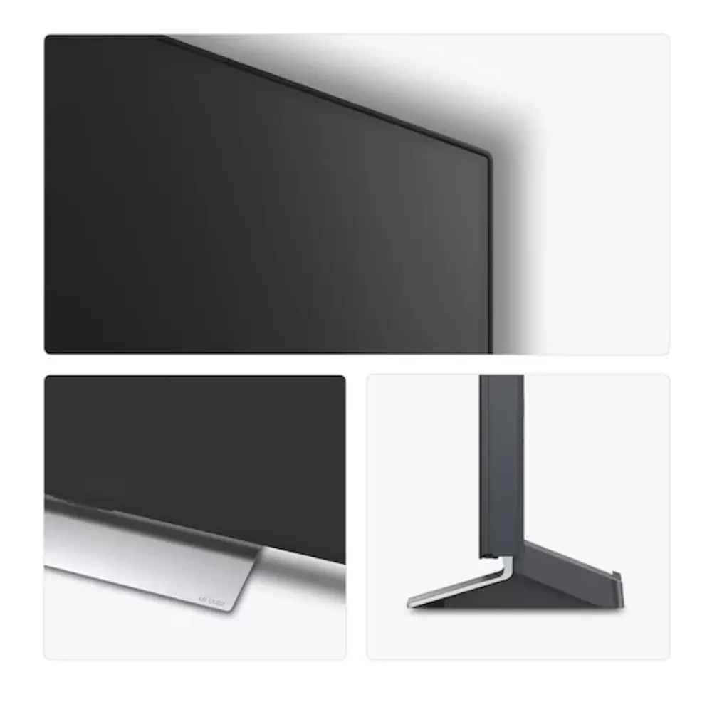 OLED smart TV slim dark frame and stand base, side-angle detail