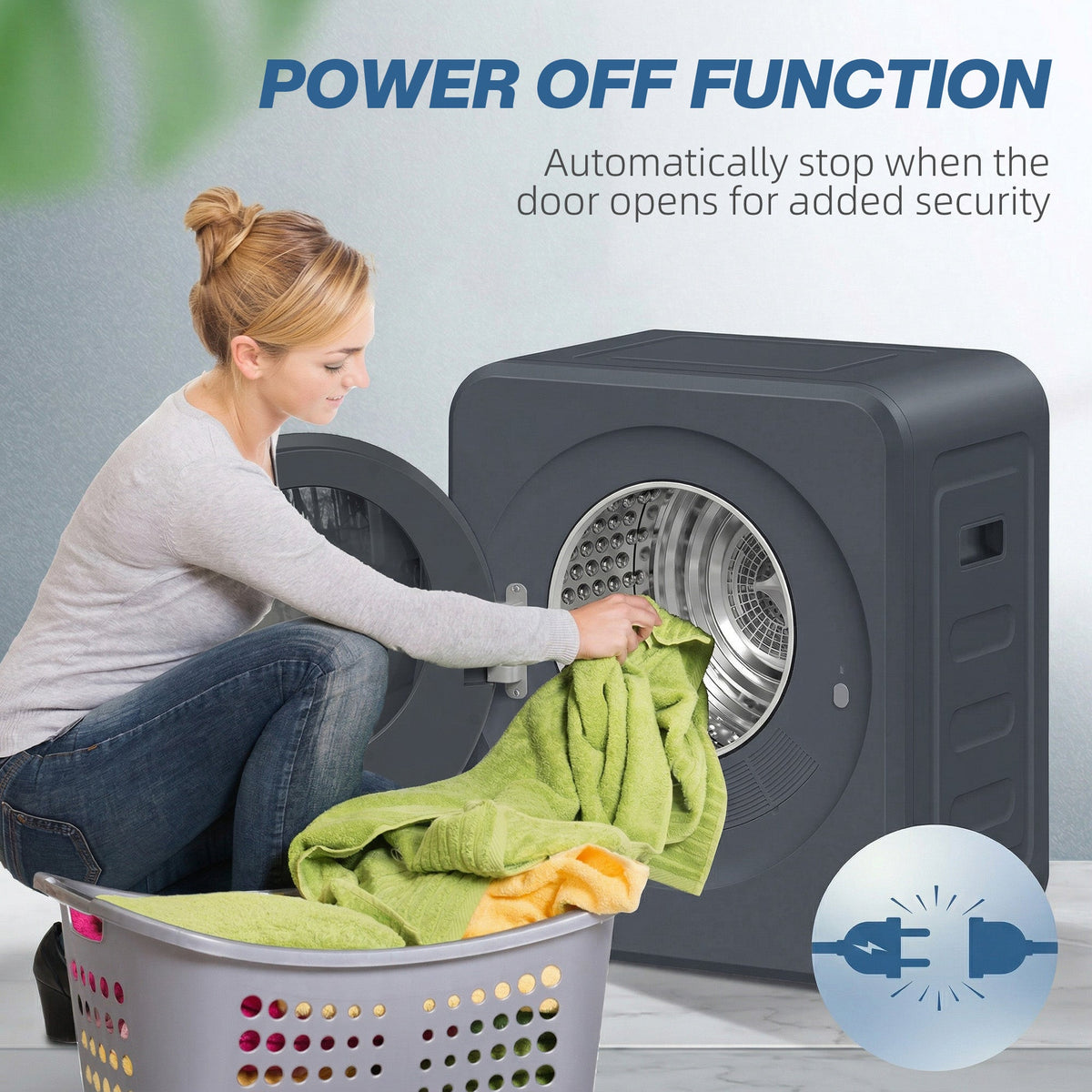 Grey front tumble dryer with open door, glowing drum, and laundry being loaded