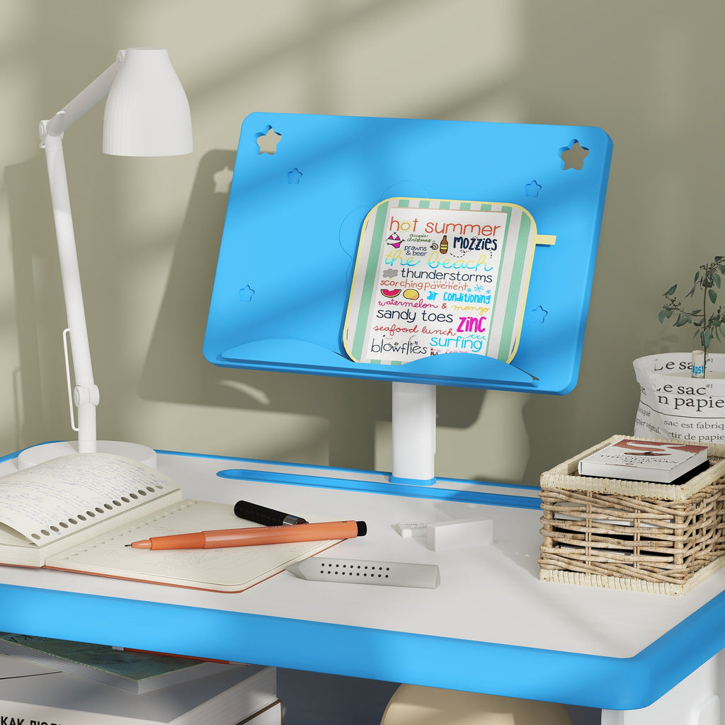 Kids desk and chair set with blue desktop and raised book stand for tablet-style reading