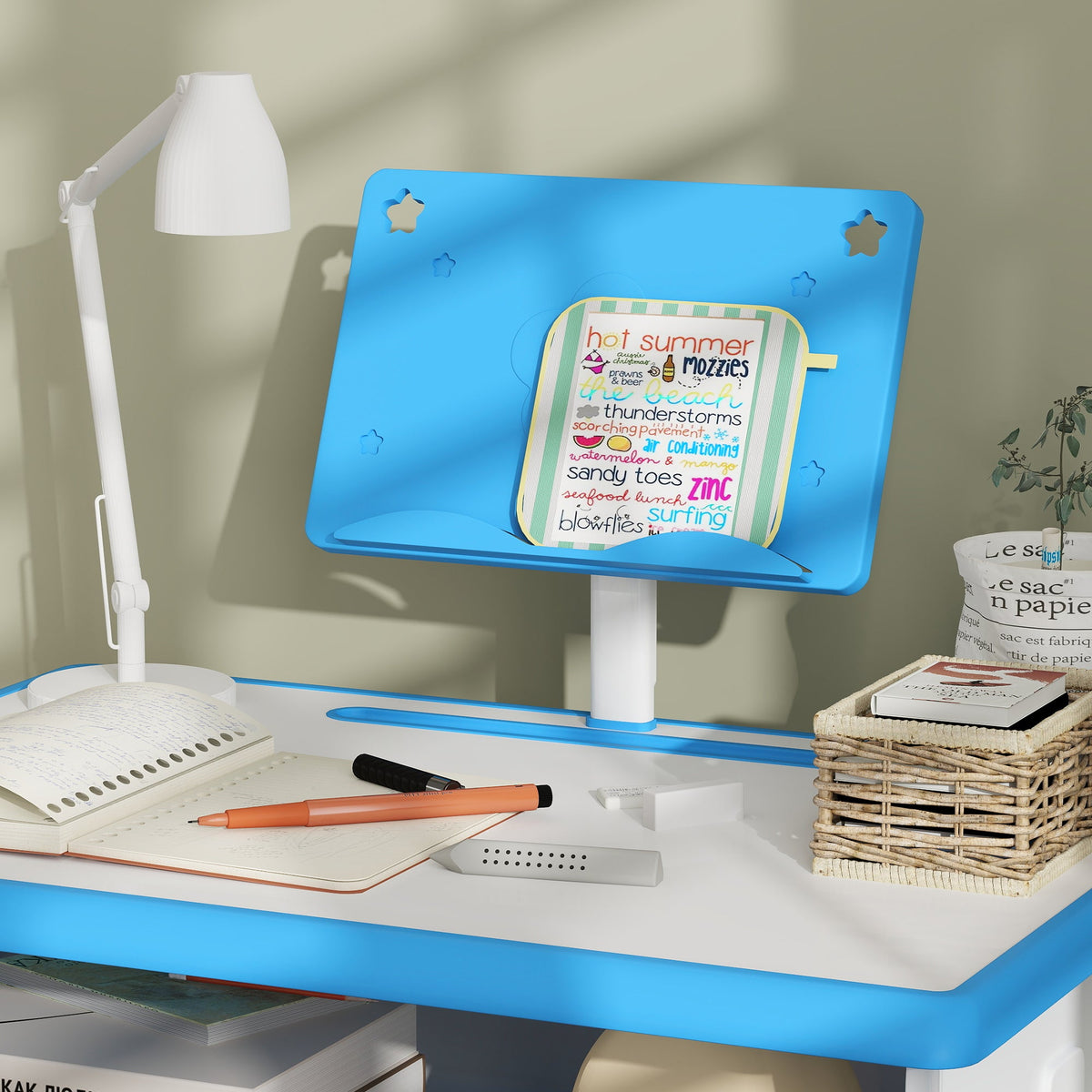 Kids desk and chair set with blue desktop and raised book stand for tablet-style reading