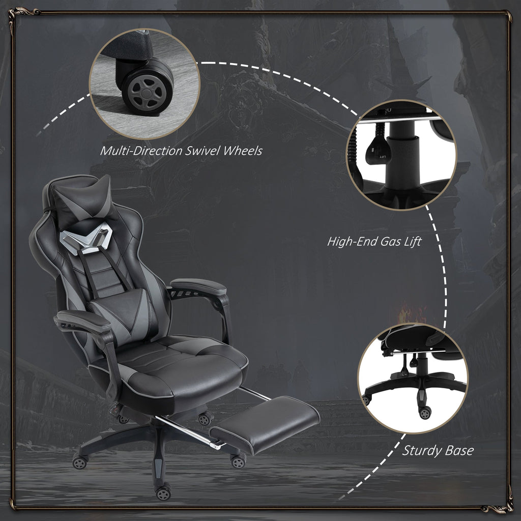 Gaming chair with multi-direction swivel wheels, gas lift, and sturdy base; dark grey
