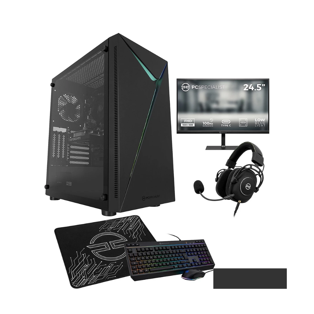Gaming PC bundle with black desktop case, monitor, keyboard, mouse, headset
