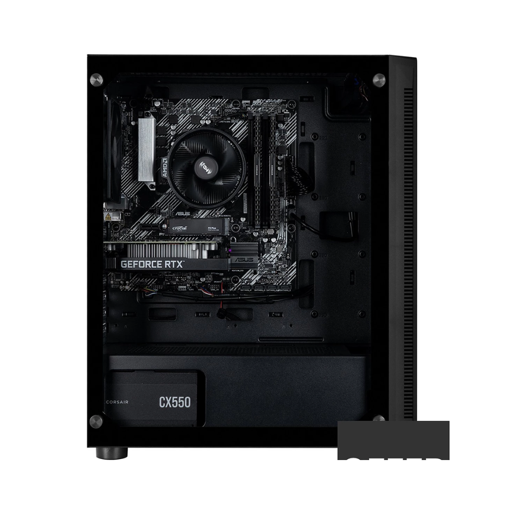 Open black gaming PC case interior with cooling fan and CX550 PSU