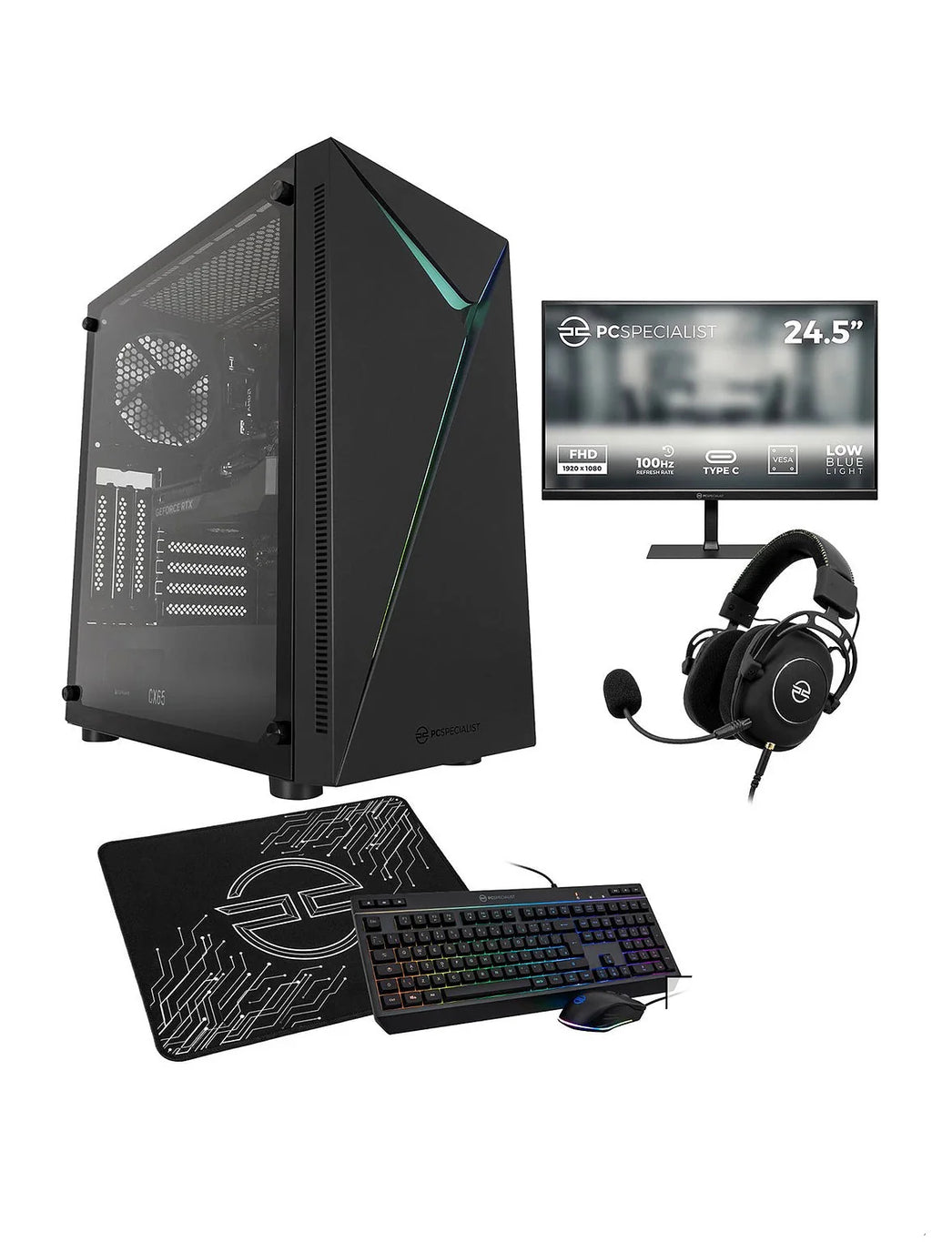 Gaming desktop PC bundle with RGB tower, keyboard, headset, and mouse pad