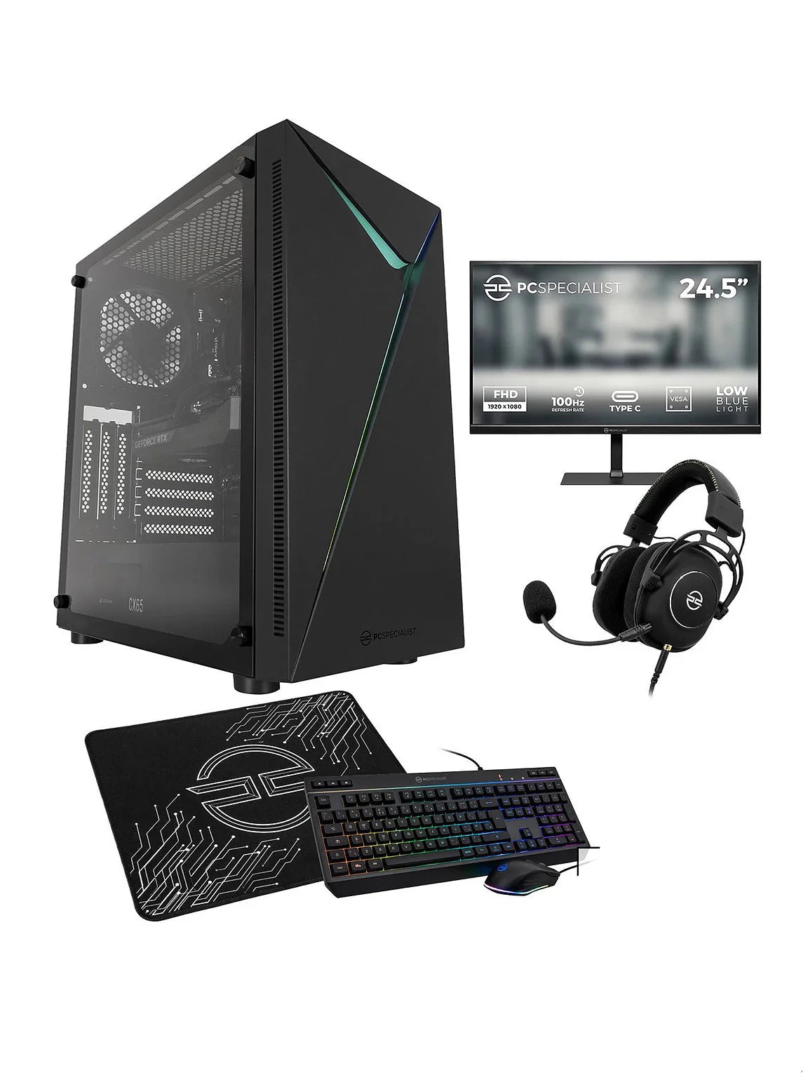 Gaming desktop PC bundle with RGB tower, keyboard, headset, and mouse pad