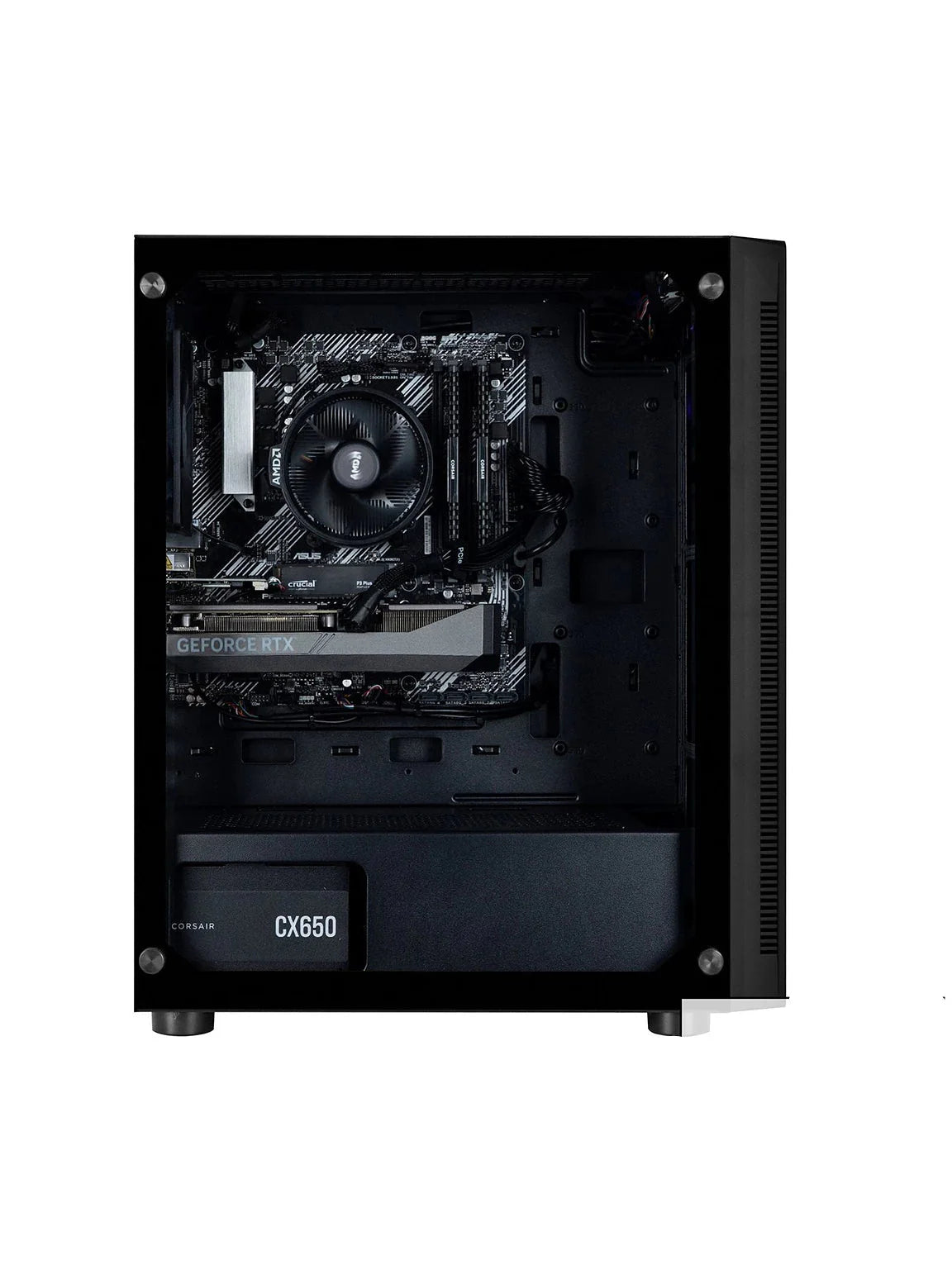 Gaming desktop PC tower with visible CPU cooler and CX650 power supply