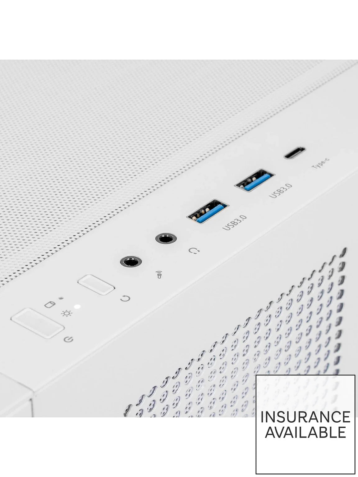 Desktop gaming PC front I/O panel with USB ports and power buttons