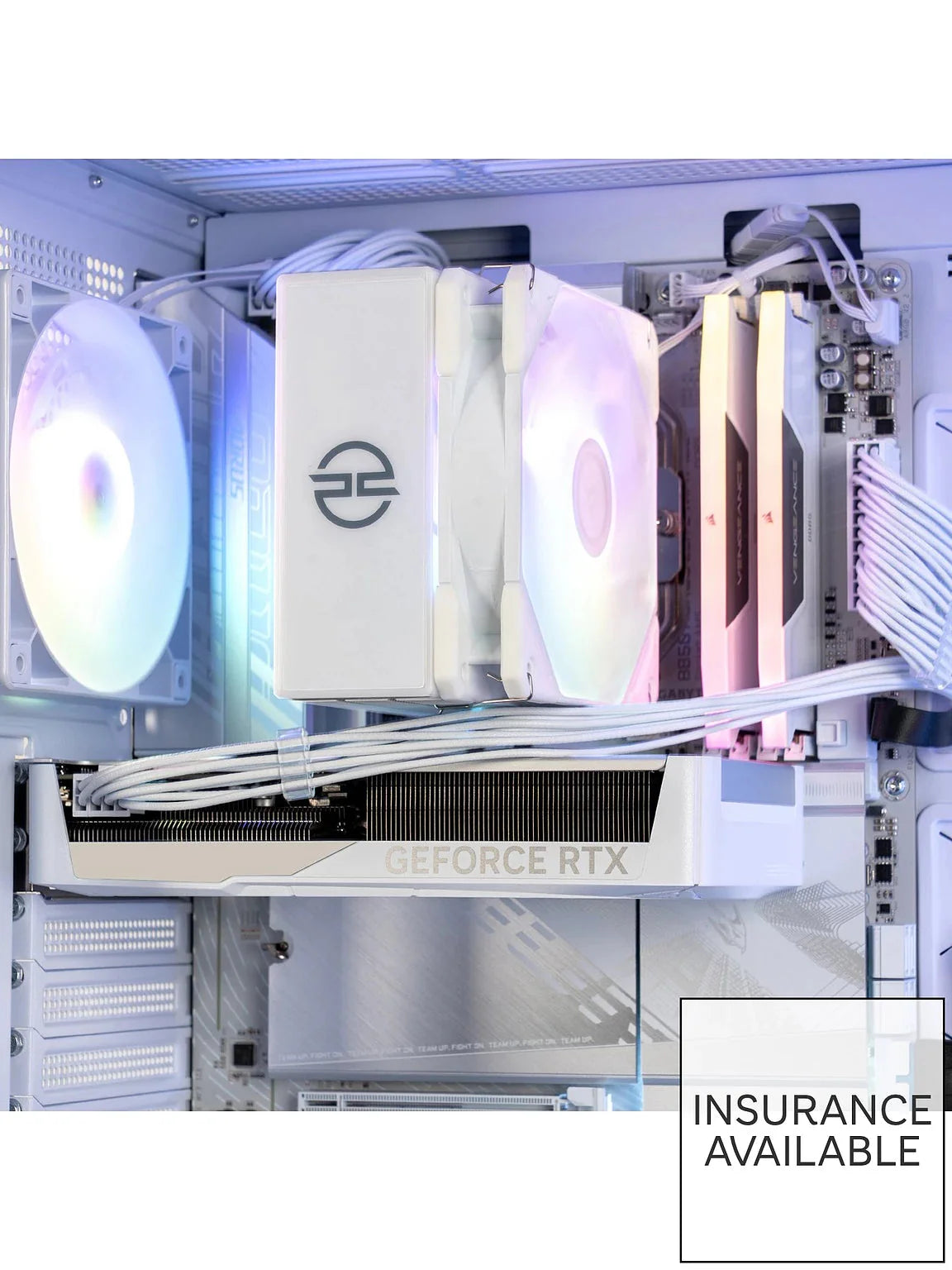 Desktop gaming PC interior with RGB fans, graphics card bay, and cable routing