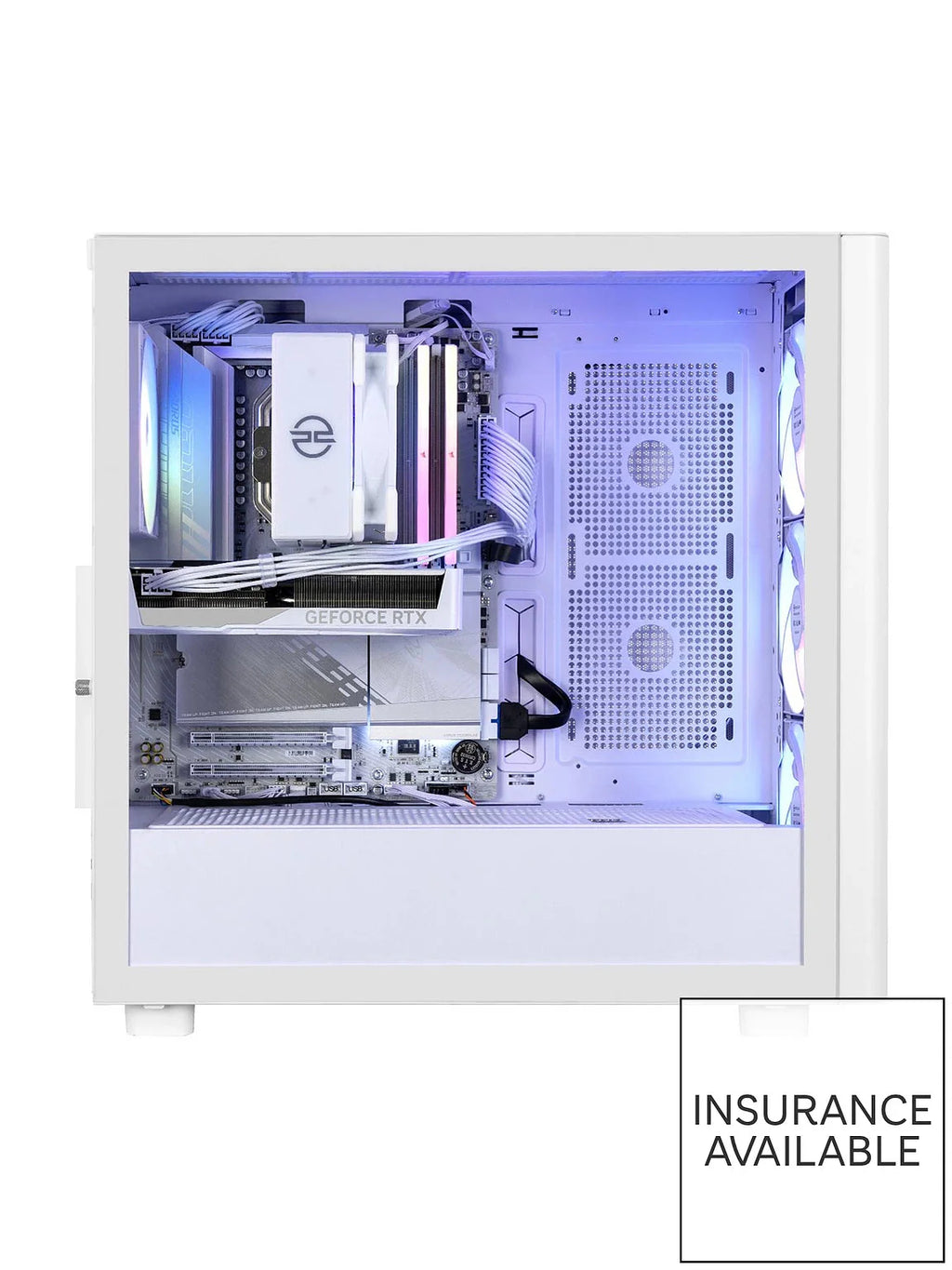 Desktop gaming PC with open side showing motherboard and graphics bay