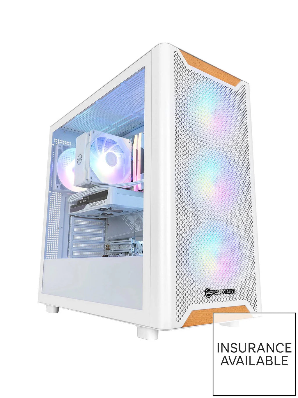 Desktop gaming PC tower with mesh front, RGB fans, and orange accent side panel