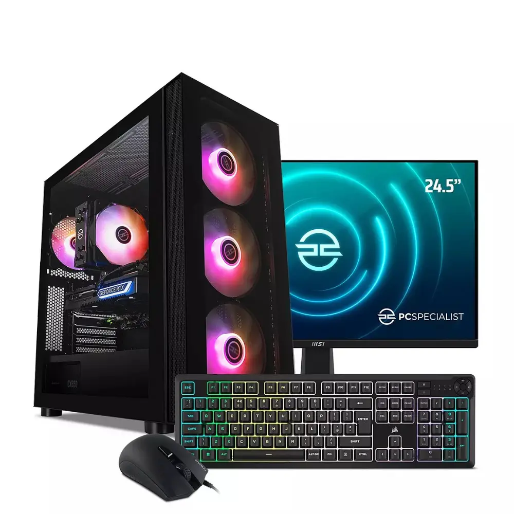 Gaming desktop bundle: RGB tower, 24.5in monitor, keyboard and wired mouse