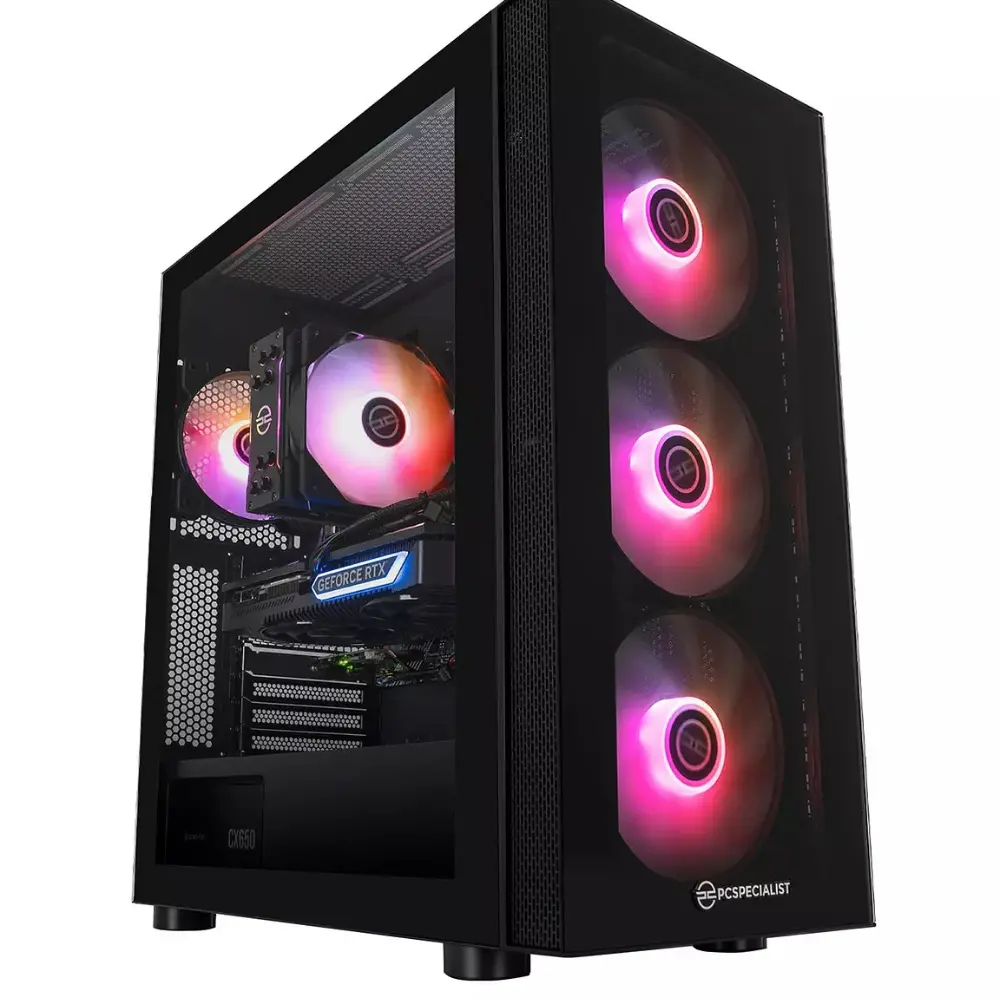 Black gaming PC tower with three RGB ring fans