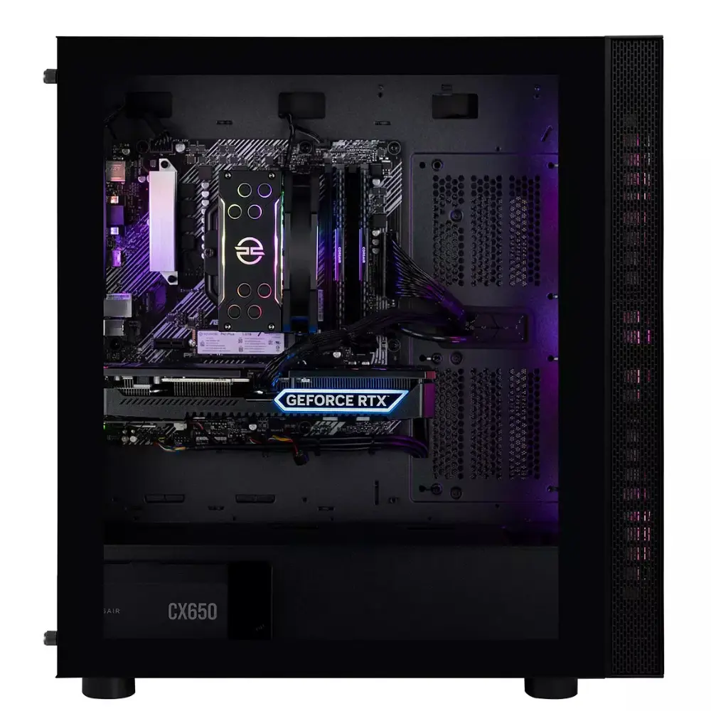 Open gaming desktop showing motherboard, GPU, and CPU area