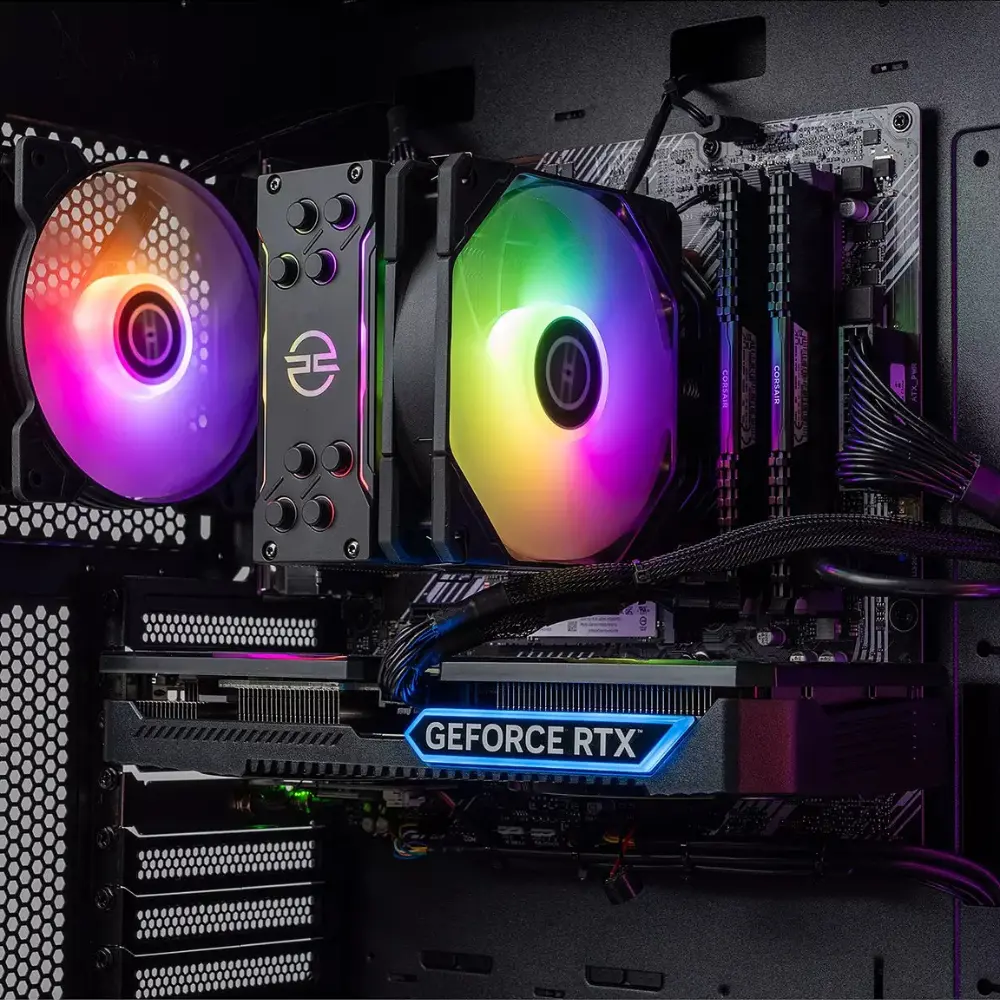 Motherboard close-up with RGB fan cooler and GeForce RTX graphics card