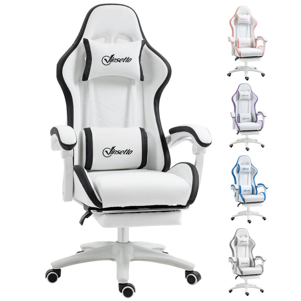 White gaming chair with black trim, high back, headrest pillow, and padded armrests.