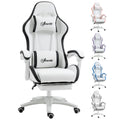 White gaming chair with black trim, high back, headrest pillow, and padded armrests.