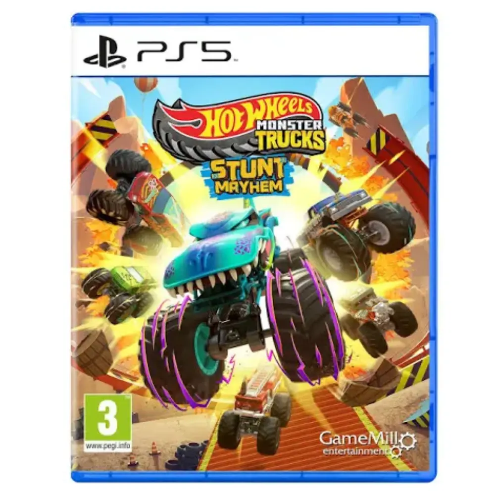 PlayStation 5 Hot Wheels Monster Trucks game case, stunt action artwork