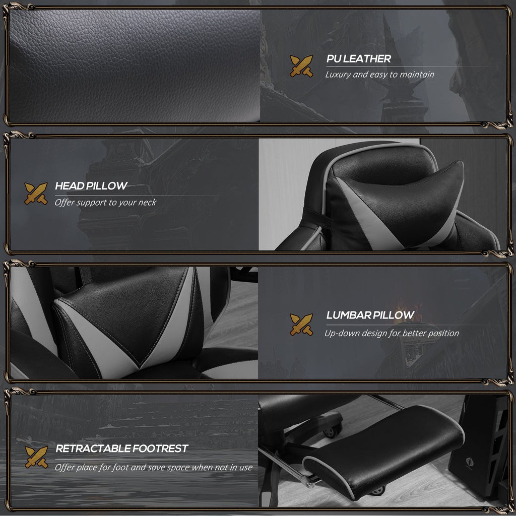 Gaming chair with PU leather upholstery, head pillow, and lumbar support pads; dark grey