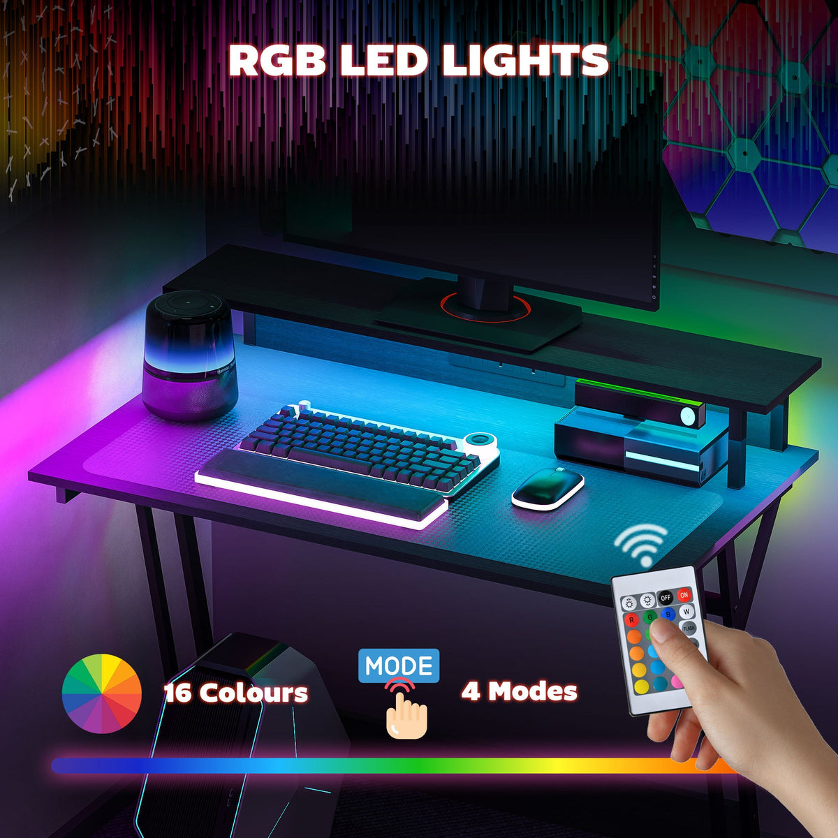 Black gaming desk with RGB LED lights and remote controller on the desktop