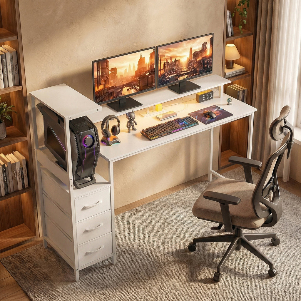 White gaming desk with dual monitors, keyboard and mouse, headset, and office chair