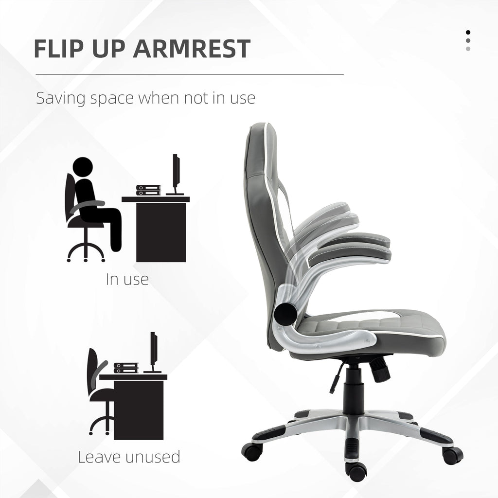 Grey office chair with flip-up armrests, padded seat and back, and five-wheel swivel base