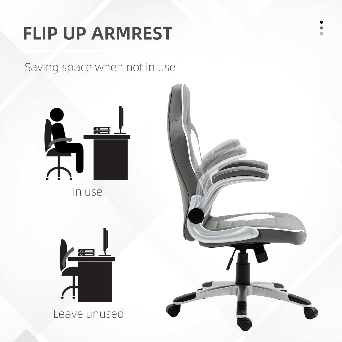 Grey office chair with flip-up armrests, padded seat and back, and five-wheel swivel base