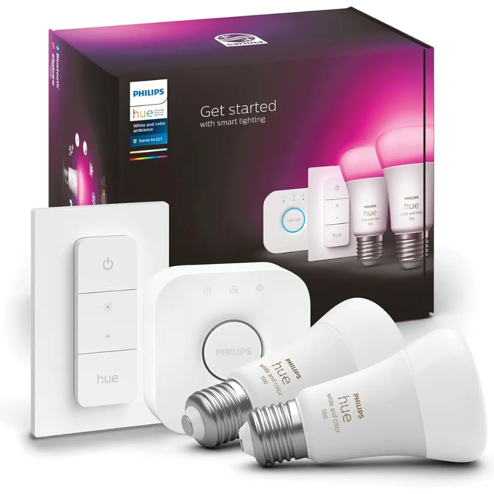 Philips Hue smart lighting starter kit: two white E27 bulbs, bridge, and dimmer