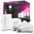 Philips Hue smart lighting starter kit: two white E27 bulbs, bridge, and dimmer