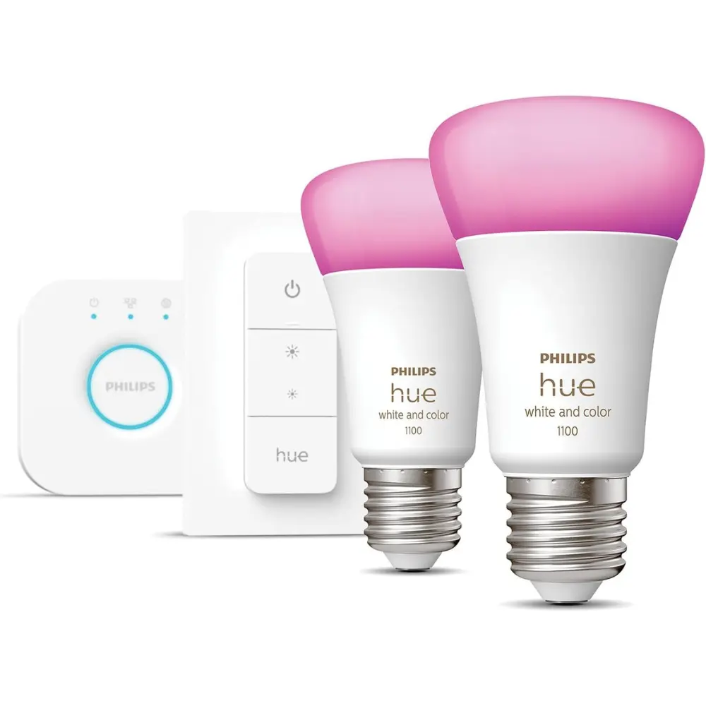 Philips Hue smart lighting kit: two E27 color bulbs with bridge and wall dimmer