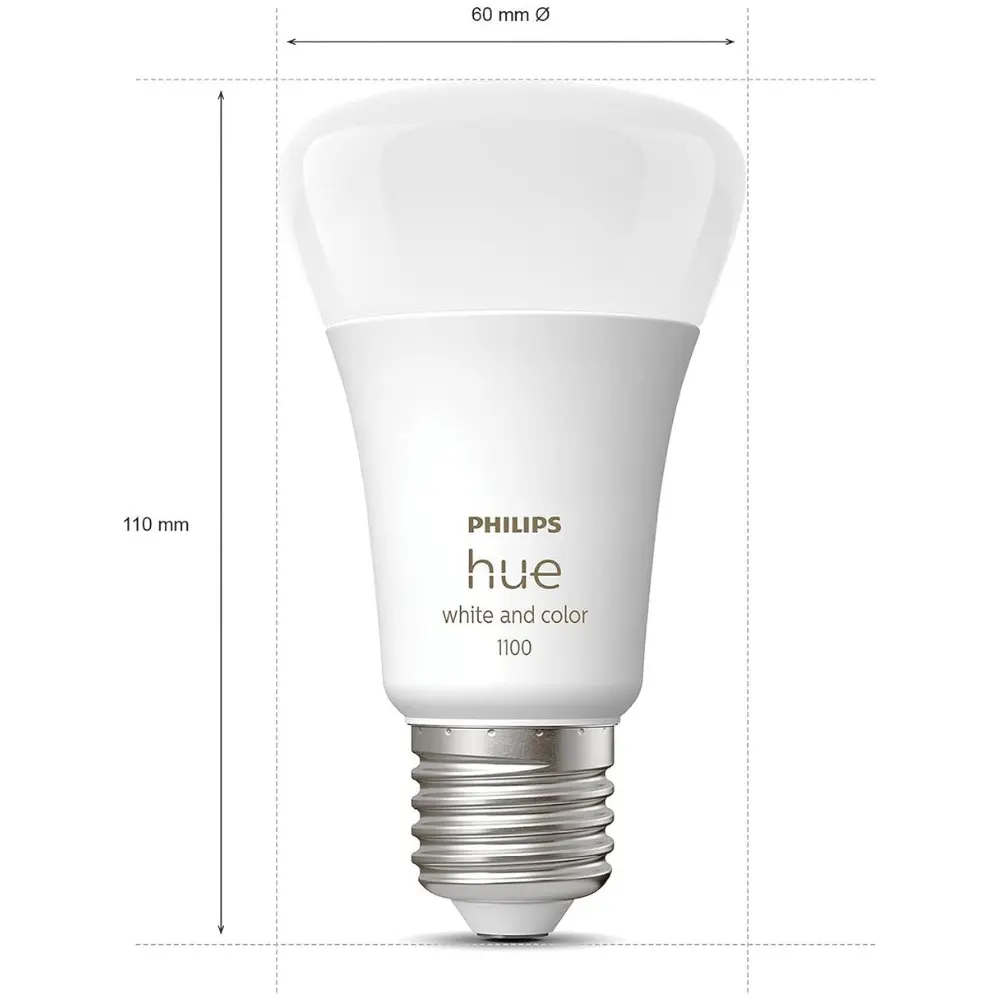 Philips Hue E27 white-and-color bulb with 60 mm and 110 mm size diagram