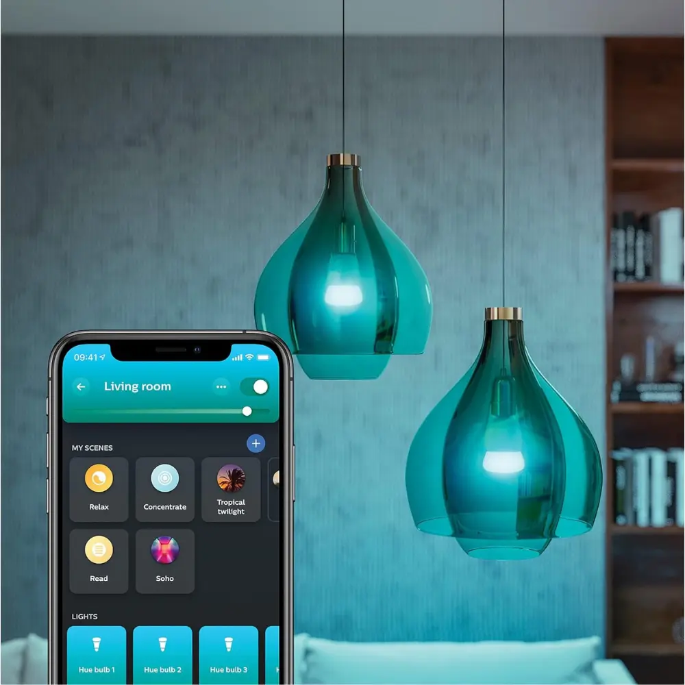 Philips Hue color E27 bulbs in teal glass shades, paired with smartphone control