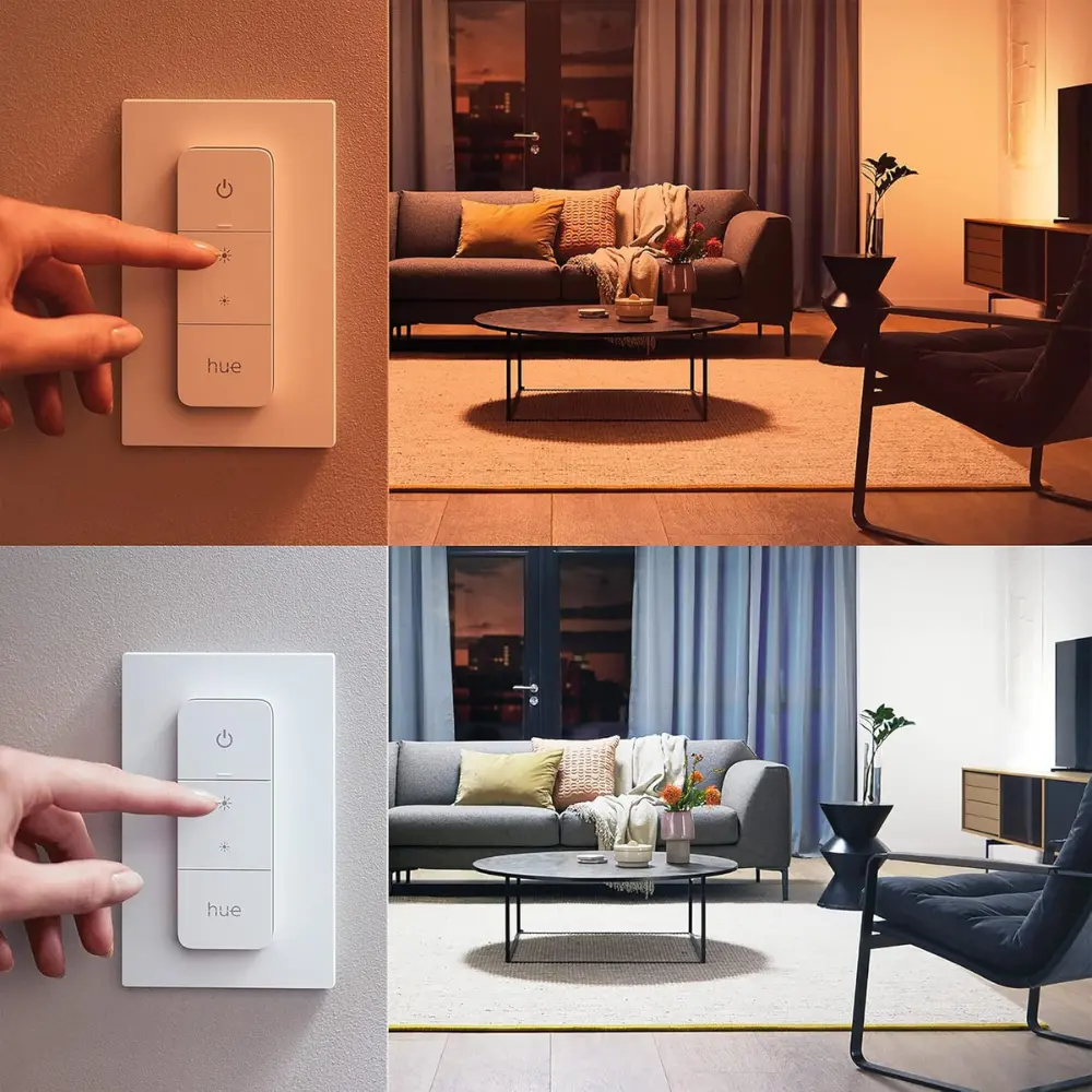Philips Hue wall dimmer controller with hand, showing color-lit room