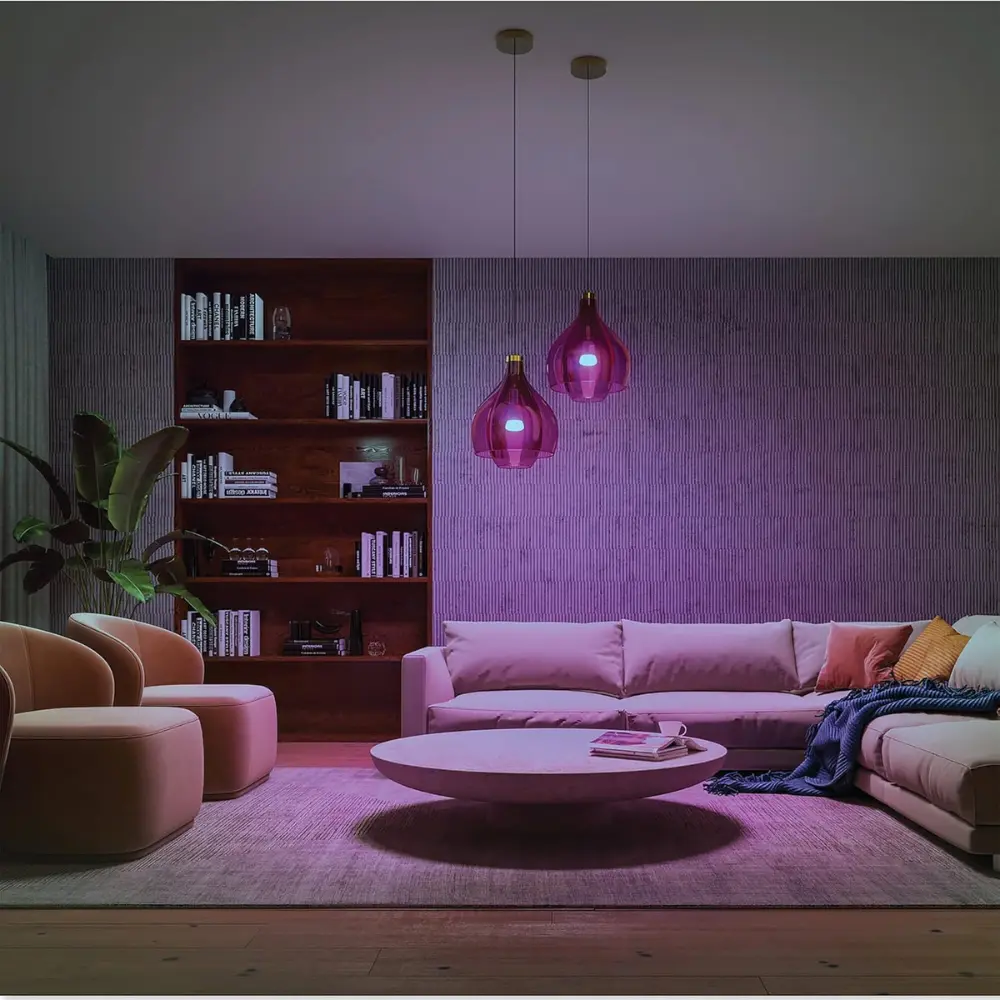 Philips Hue color-lit living room with purple pendant lights