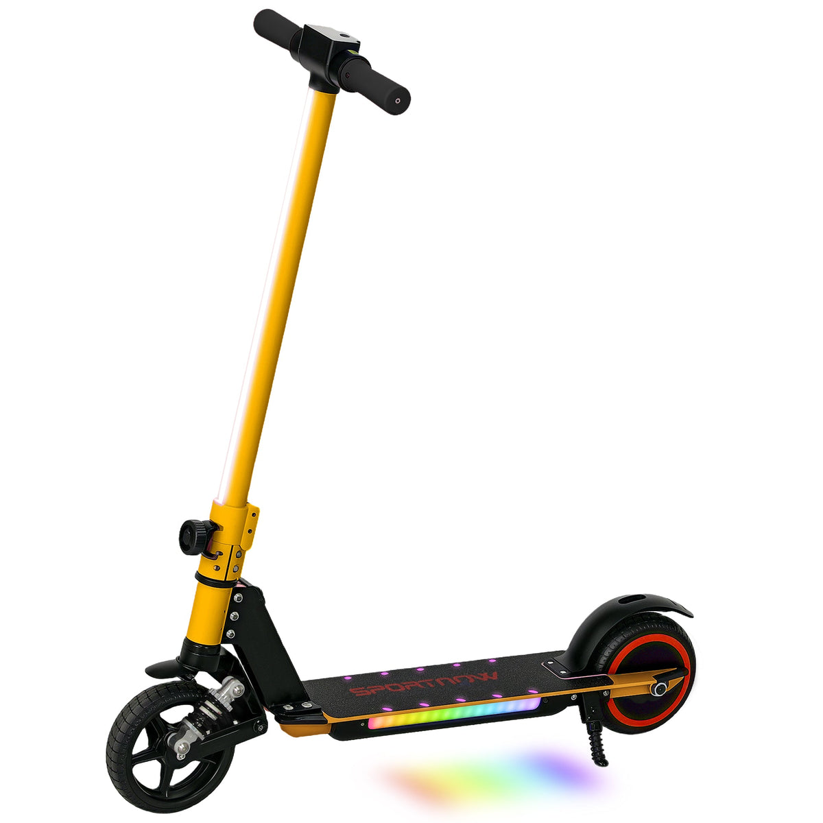 Folding electric scooter with gold frame and black deck, side view