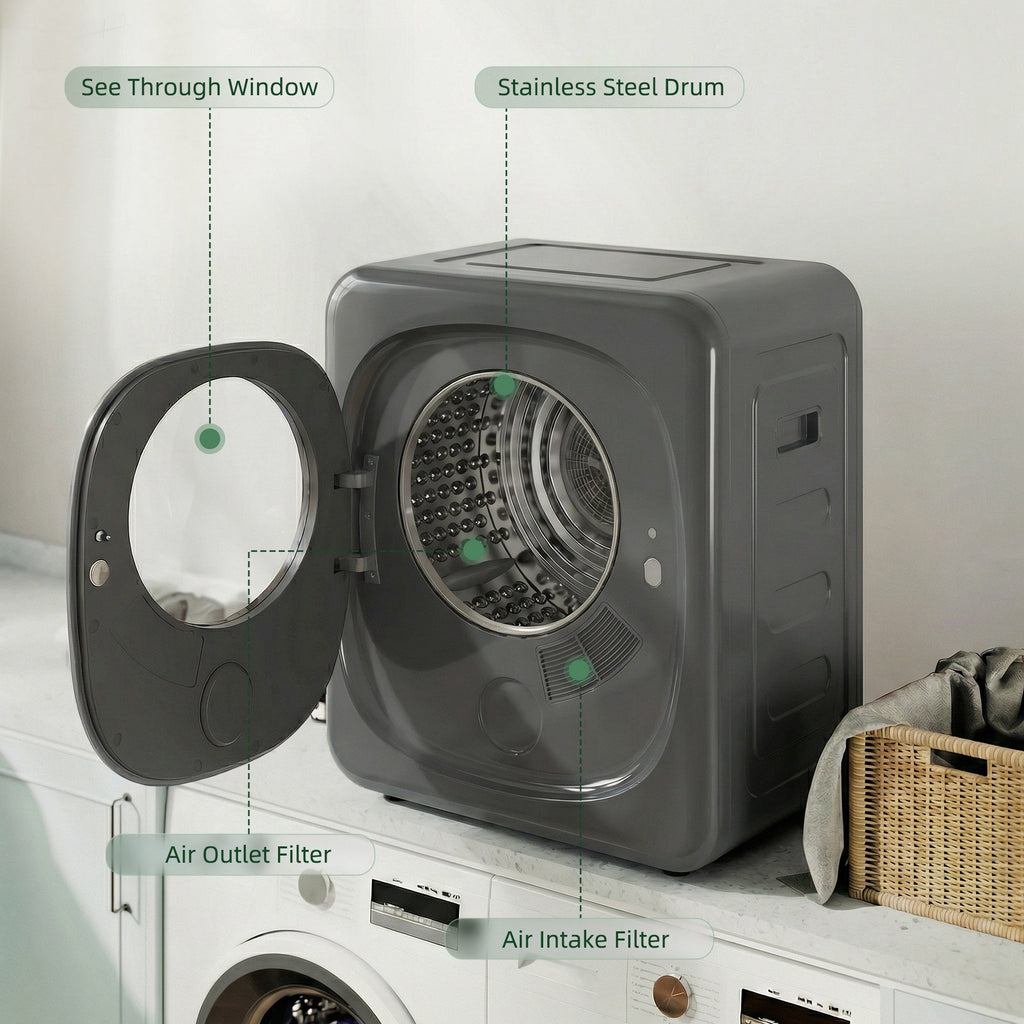 Grey vented tumble dryer with open door, visible drum, and labeled air filters.