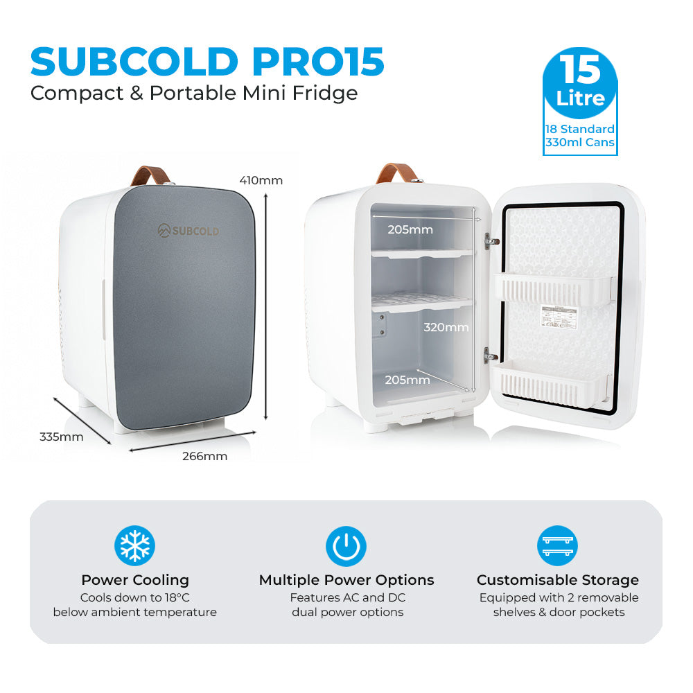 Mini fridge size diagram with 15-litre specs and power cooling feature icons