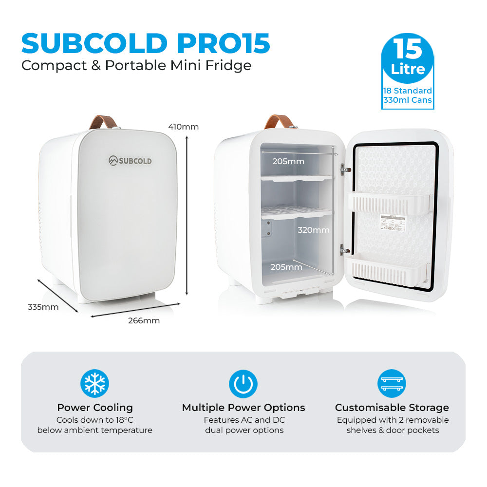 White compact mini fridge with open door showing removable shelf and storage