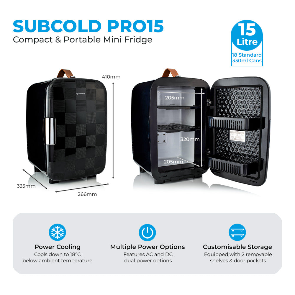 Black Subcold Pro 15L mini fridge with measurements and door open