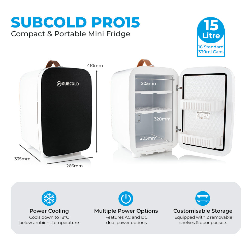 Portable mini fridge dimensions view with open door and visible interior shelves